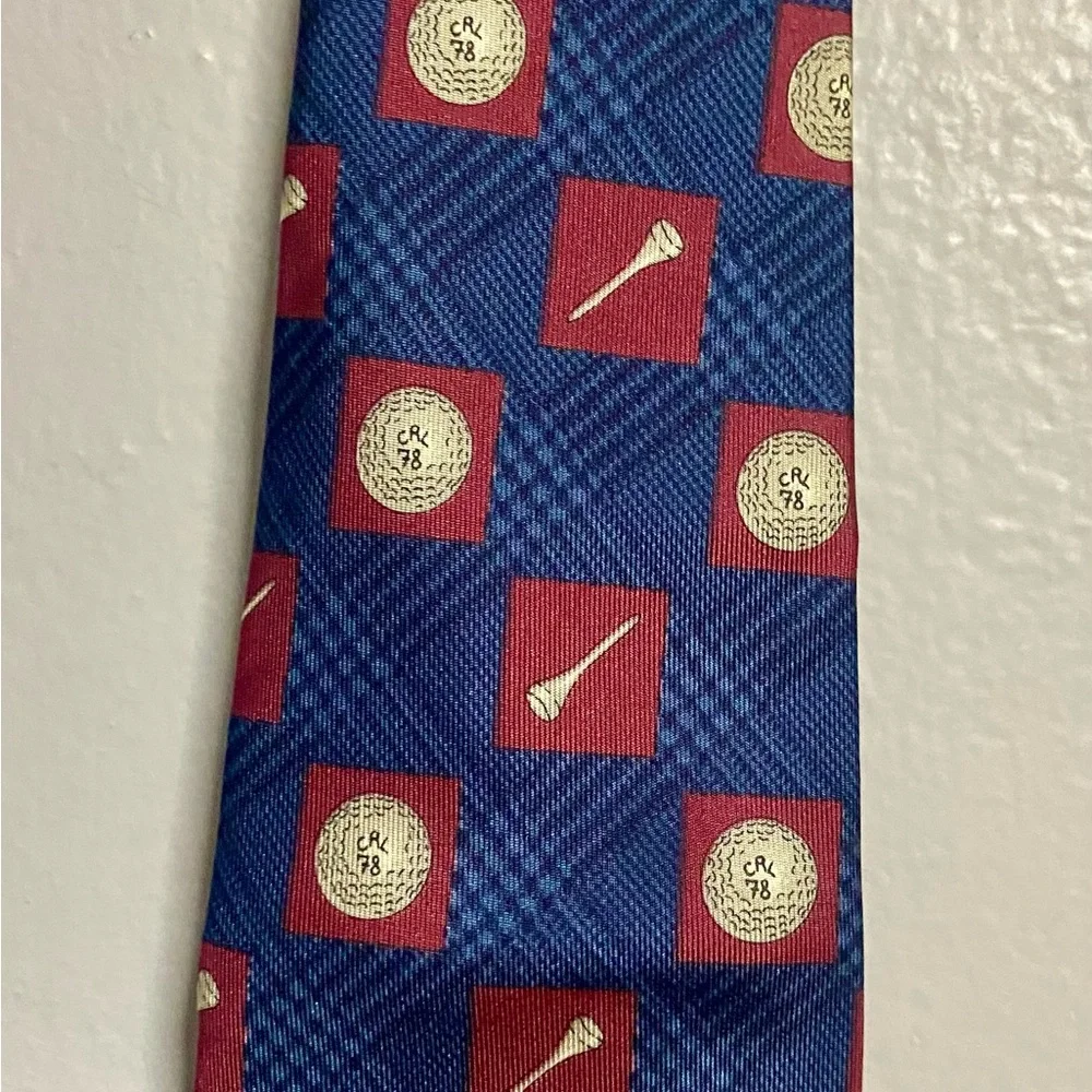 Vintage Chaps Ralph Lauren  Blue and Red Silk Tie with Golf  Motif